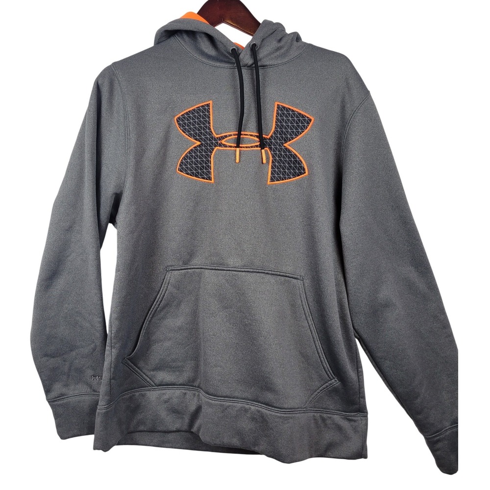 Under Armour Hoodie Mens Medium Gray Pullover Sweatshirt Orange Trim Logo Active